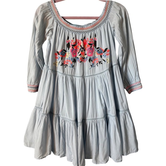 Free People Sunbeams Embroidered Off Shoulder Mini Dress Boho Blue Small - Picture 3 of 9